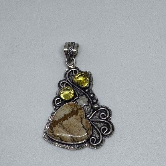 New Sterline Silver Brown Jasper Heart with Citrine Pendant - Picture 3 of 4